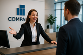 A female receptionist at the front desk of a European or American company, enthusiastically greeting a customer